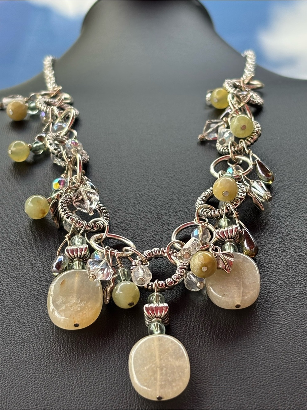 Artisan SilverTone Charm Necklace AB Beads Crystal Dangles Stones Boho Statement